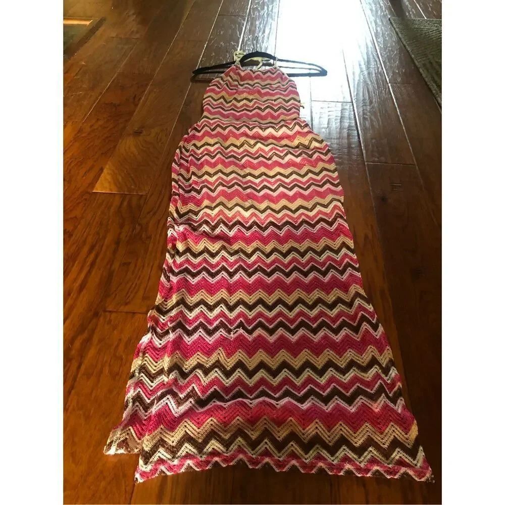 No Comment Pink Chevron Halter Maxi Dress Boho Size M - Picture 4 of 13